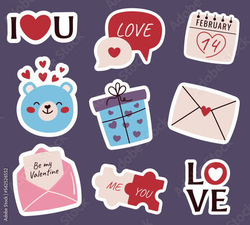 Colorful stickers for Valentine's Day. Romantic elements and love messages.  photo