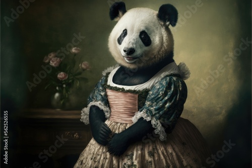 Portrait of panda in a victorian dress. Generative AI