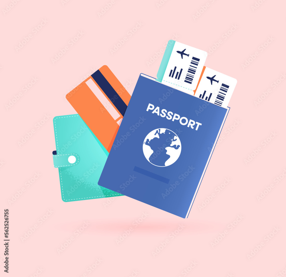 Passport with airplane ticket, wallet and credit card. Document for traveling, tourism, immigration. Flight pass for airplane. ID control at the airport. Isolated vector illustration - obrazy, fototapety, plakaty 
