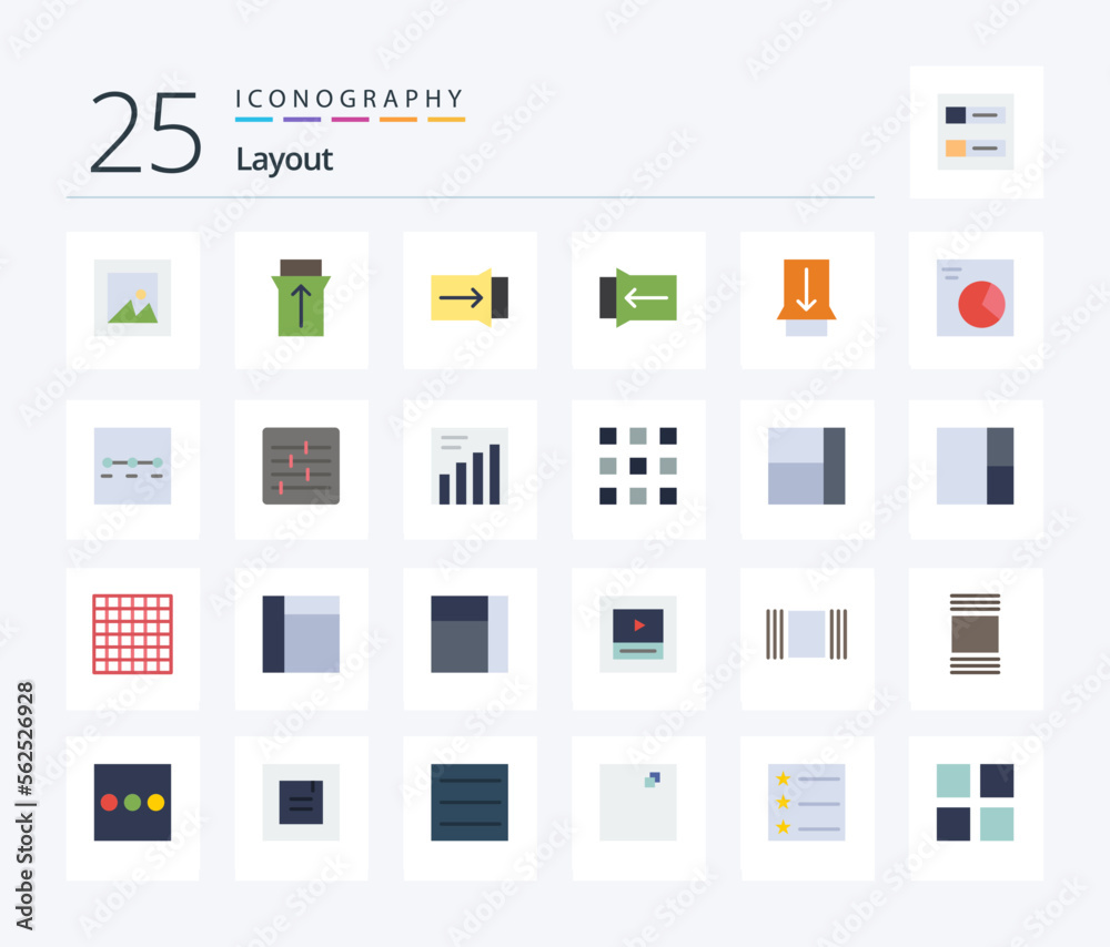 Layout 25 Flat Color icon pack including grid. analytics. wireframe. options. control