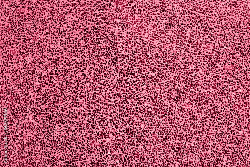 Abstract textured pattern small pieces of broken glass toned into Viva Magenta color. Inspired by new Pantone color of the year 2023. Damaged window glass background.