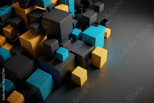 abstract 3d cubes background, blue, yellow, grey, generative ai