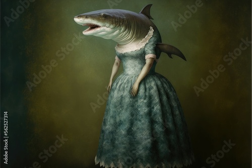 Portrait of shark in a victorian dress. Generative AI