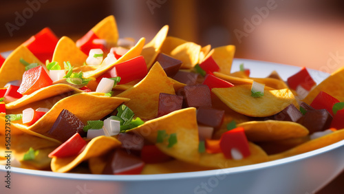 a bowl full of nachos with blurry lights in the background, Generative AI