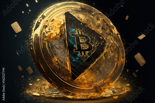 Bitcoin. Bitcoin on Golden nugget gold background. Concept Bitcoin cryptocurrency, Business,  photo