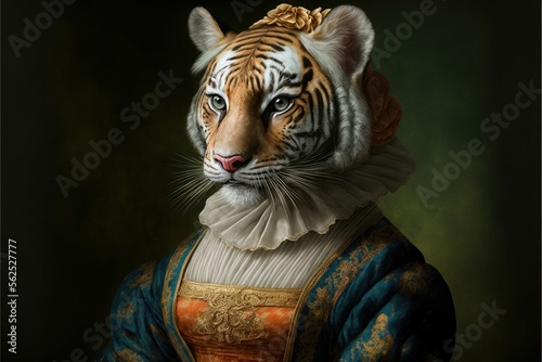 Portrait of tiger in a victorian dress. Generative AI
