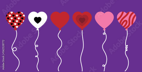 Valentines day heart balloons in seven variations with string. Vector illustration.