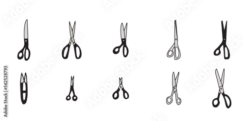 Scissor icon set. Hand drawn professional pair of scissors cutting hair. Craft and scissoring. Vector illustration on white background