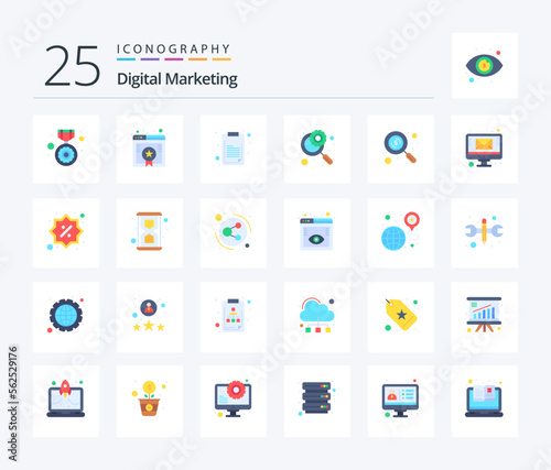 Digital Marketing 25 Flat Color icon pack including research. search. clipboard. management. glass