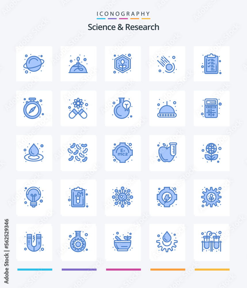 Creative Science 25 Blue icon pack  Such As clipboard. business. agriculture. science. comet