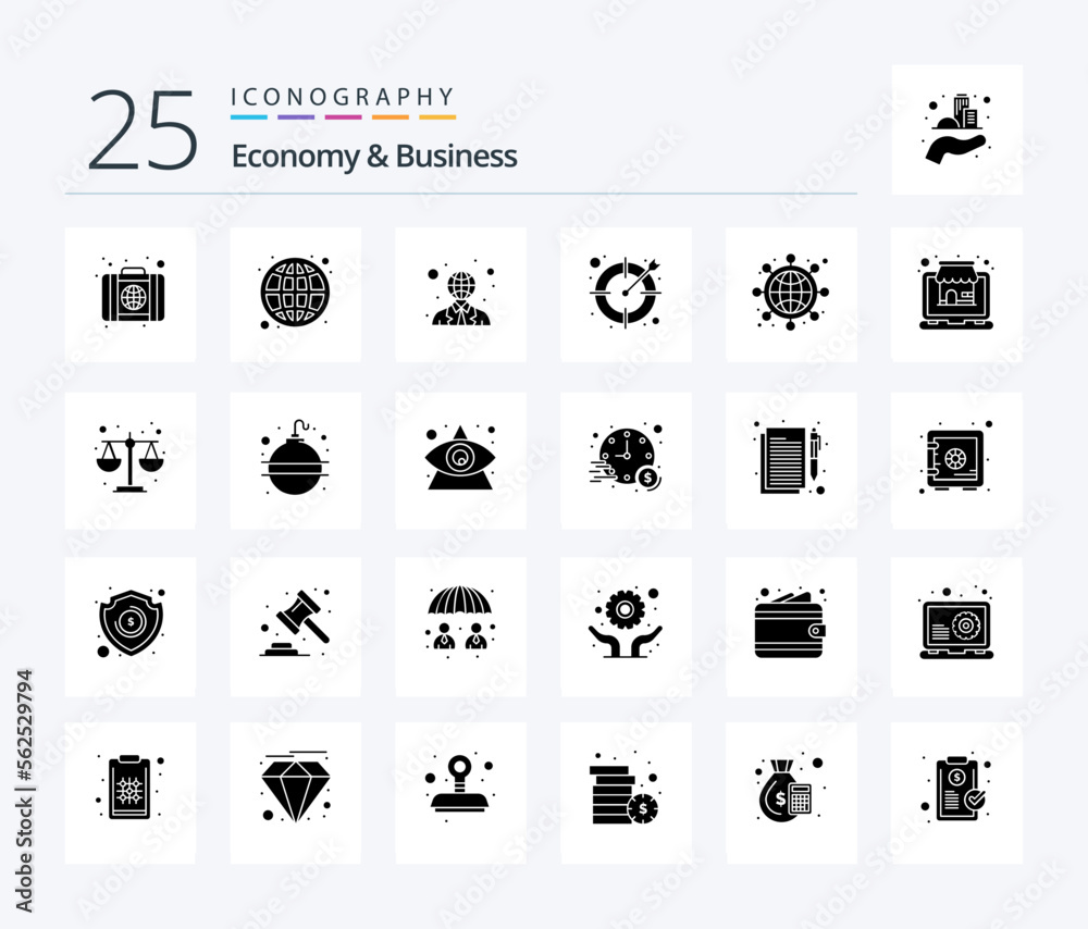 Economy And Business 25 Solid Glyph icon pack including wide. office. communication. job. business