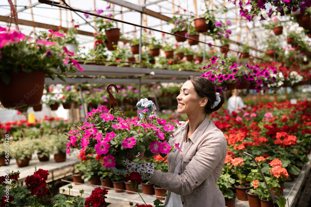 Florist Woman Care About Flowers In Garden Center