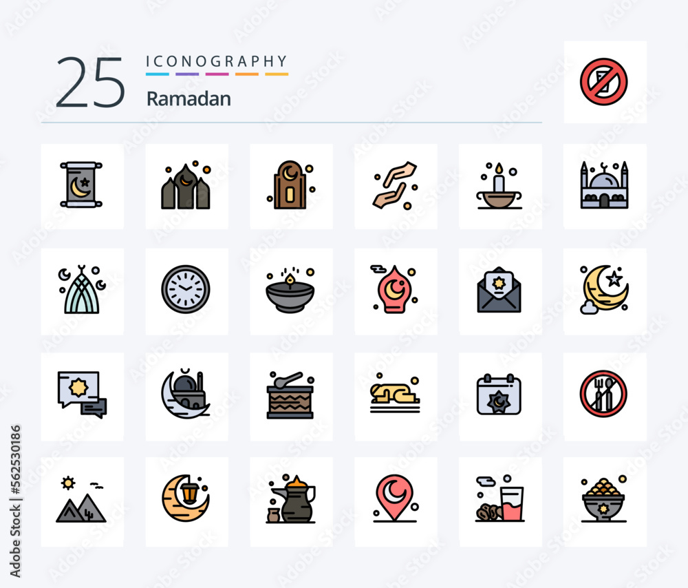 Ramadan 25 Line Filled icon pack including islam. aladdin. muslim. shahada. hands