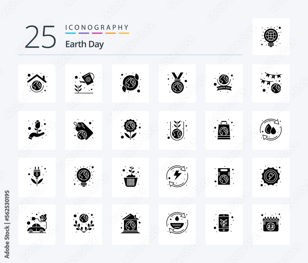 Earth Day 25 Solid Glyph icon pack including badge. green. plant. environmental protection. ecology