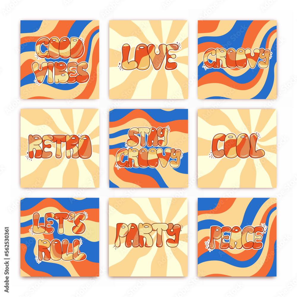 Set of groovy posters on rainbow background. Retro postcards in 70s. Hippie and boho style.