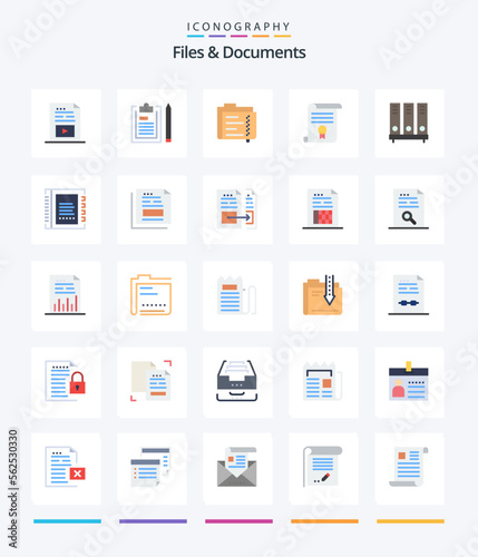 Creative Files And Documents 25 Flat icon pack Such As diploma. certificate. notepad. folder. document