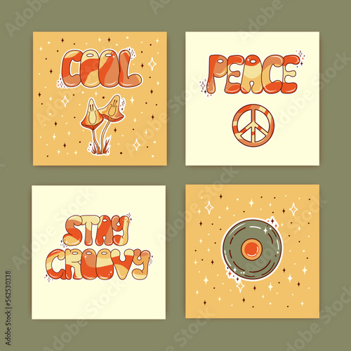 Set of groovy posters. Retro postcards in 70s. Hippie and boho style.