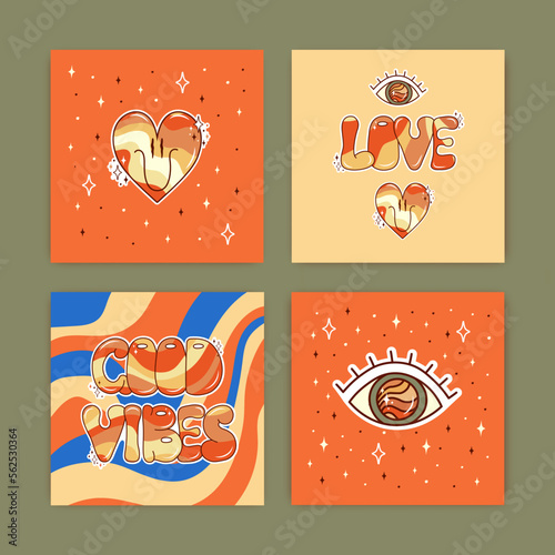 Set of groovy posters. Retro postcards in 70s. Hippie and boho style.