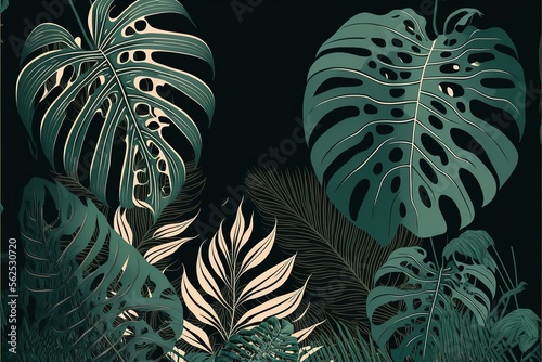 Elegant hand drawn tropical monstera and palm leaves line art background. Illustration for decoration, wall decor, wallpaper, cover, banner, poster, card. AI