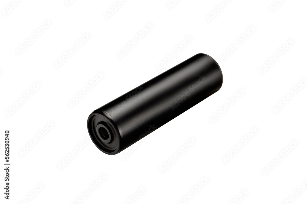 Black silencer for weapons. Suppressor that is at the end of an assault rifle. Isolate on a white back. Black silencer for weapons. Suppressor that is at the end of an assault rifle. Isolate on a white back.