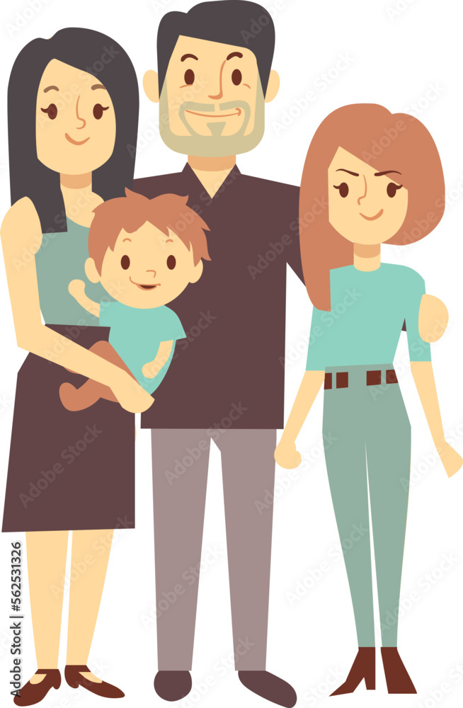 Happy family. Parents standing with kids. People relationship Happy family. Parents standing with kids. People relationship