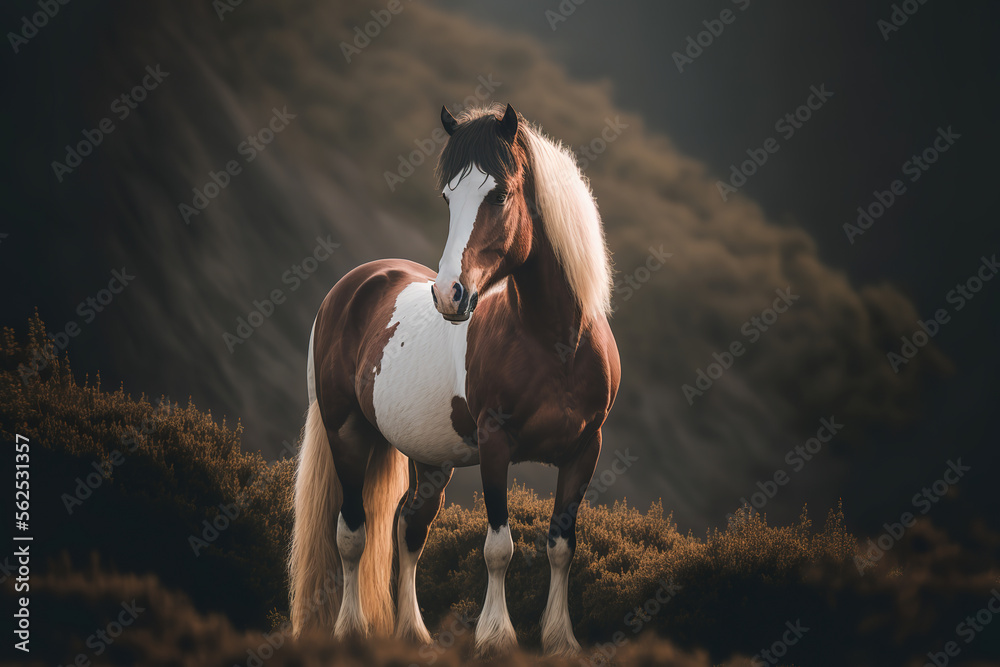 Obraz premium a brown and white horse standing on top of a field, animal, generative ai illustration 