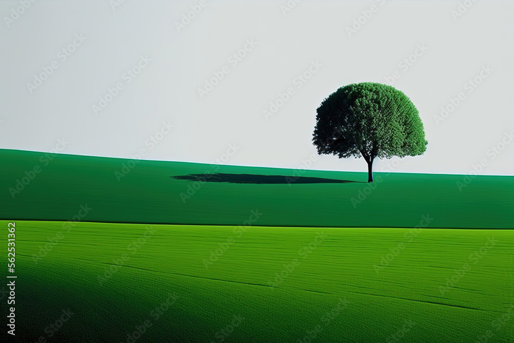 a lone tree casts a shadow on a green field, a minimalist painting, generative ai illustration a lone tree casts a shadow on a green field, a minimalist painting, generative ai illustration