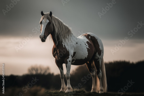 a brown and white horse standing on top of a field  animal  generative ai illustration 