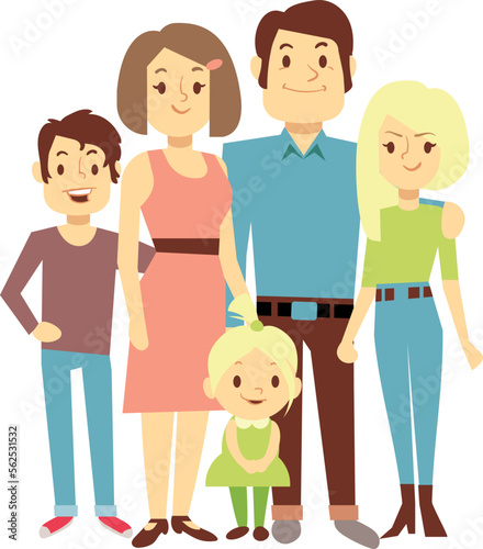 Happy kids with smiling parents. Family standing together