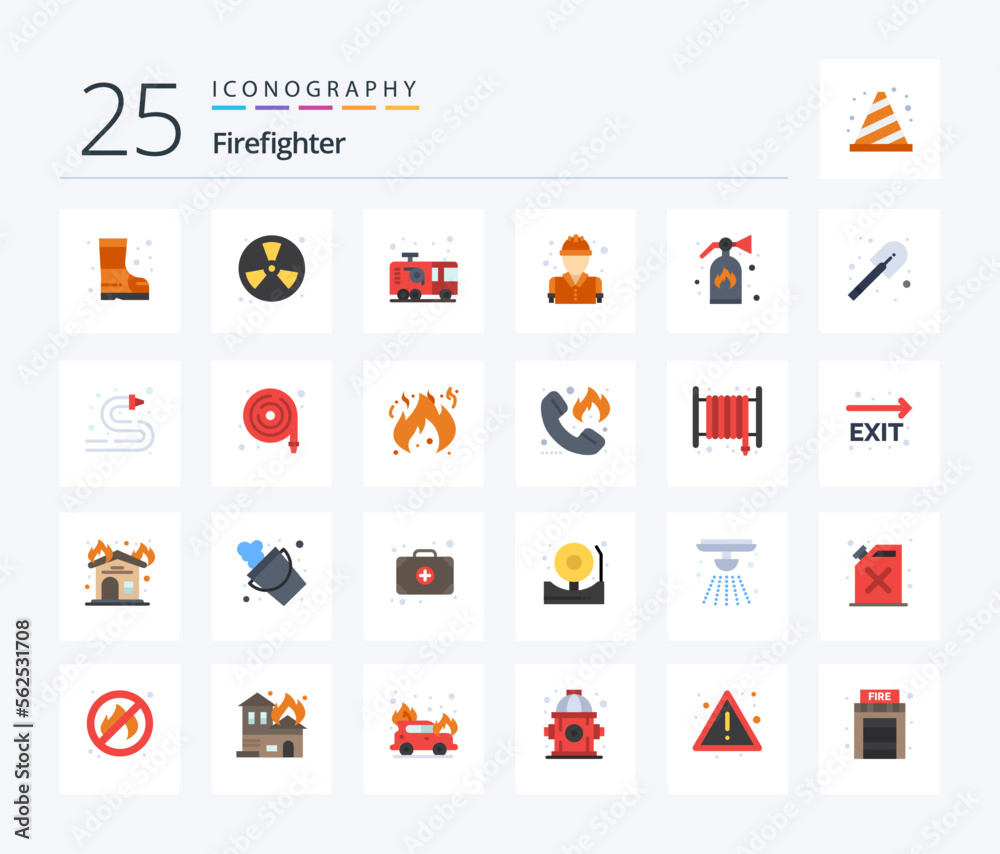 Firefighter 25 Flat Color icon pack including extinguisher. firefighter. car. fire. fireman