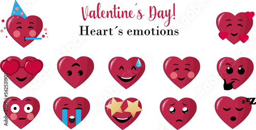 Set of heart emotions. Nice cartoon design of heart icons, collection emoji for Valentines Day.