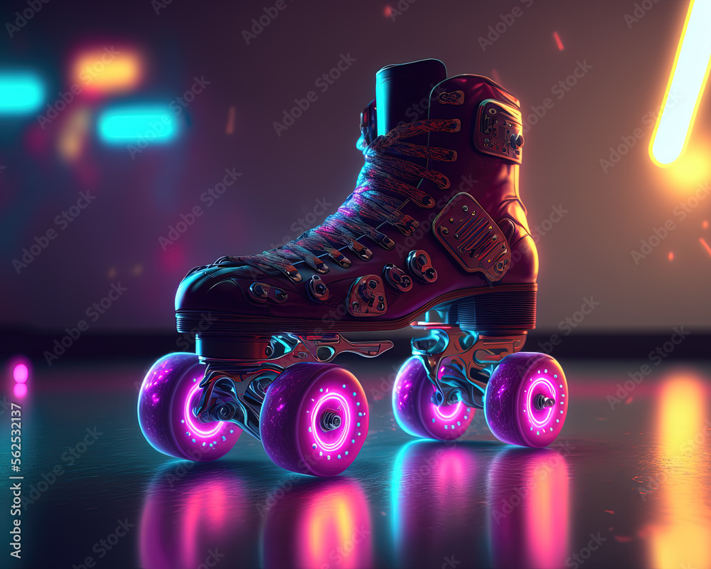 Generative AI, Roller skate in cyberpunk style, disco nostalgic 80s, 90s.  Neon night lights vibrant colors, photorealistic horizontal illustration of  the futuristic city. Sport activity concept. Illustration Stock | Adobe  Stock