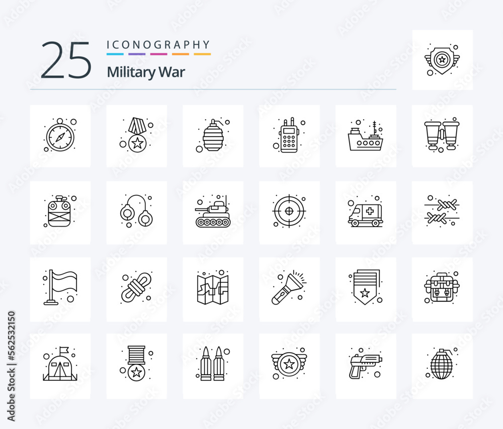 Military War 25 Line icon pack including ship. talk. grenade. walkie. investigation