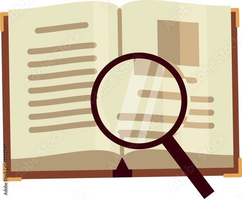 Open book with magnifying glass. Research color icon