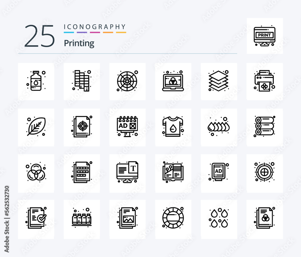 Printing 25 Line icon pack including layer. laptop. catalog. computer. sample