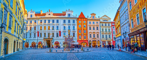 Panorama of Male namesti (Little Square) with outstanding surrounding medieval townhouses in Prague, Czechia photo