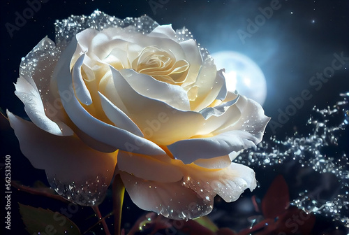 Beautiful closeup shot of white rose with water drops on black background. 3D Illustration