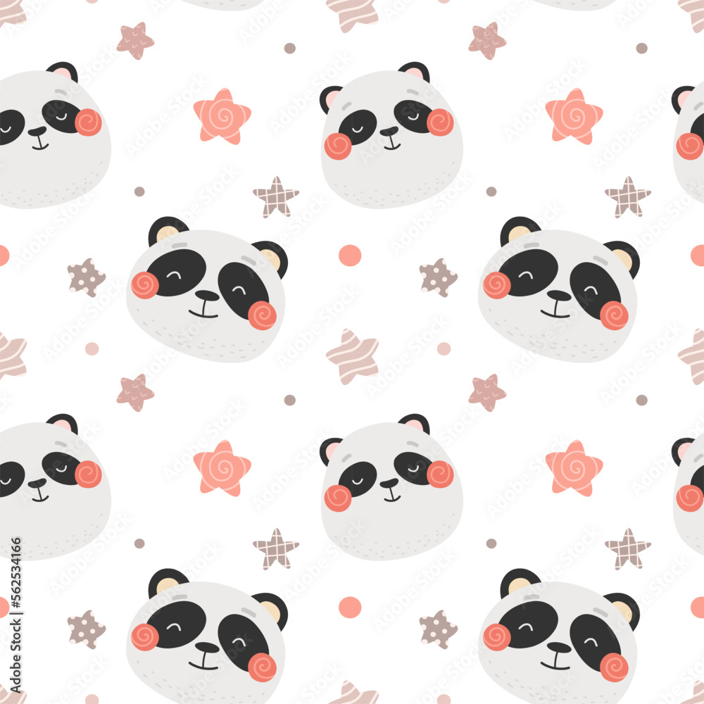 Naklejka premium Seamless pattern with cute pandas, print for fabric, covers, backgrounds. Cute animals. Vector illustration.