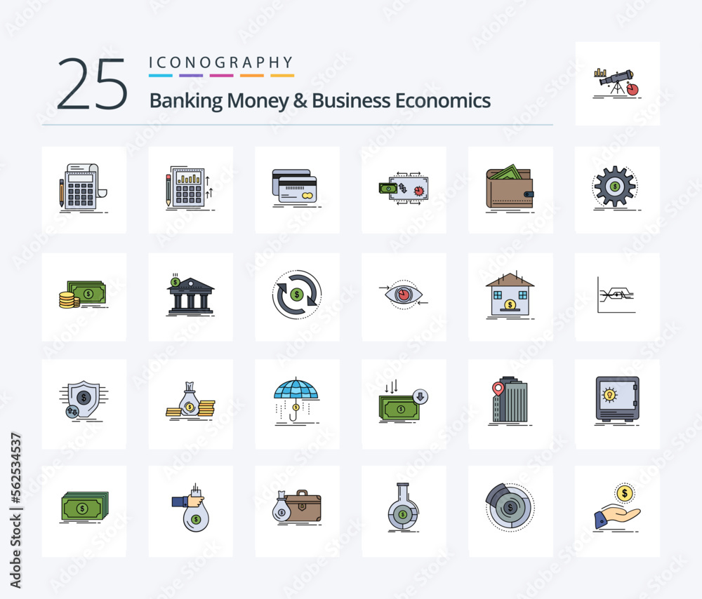 Banking Money And Business Economics 25 Line Filled icon pack including money. cash. debit. payments. marketing