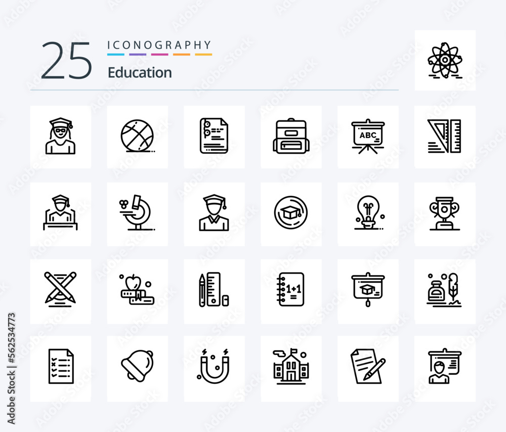 Education 25 Line icon pack including tools. education. file. schoolbag. bag