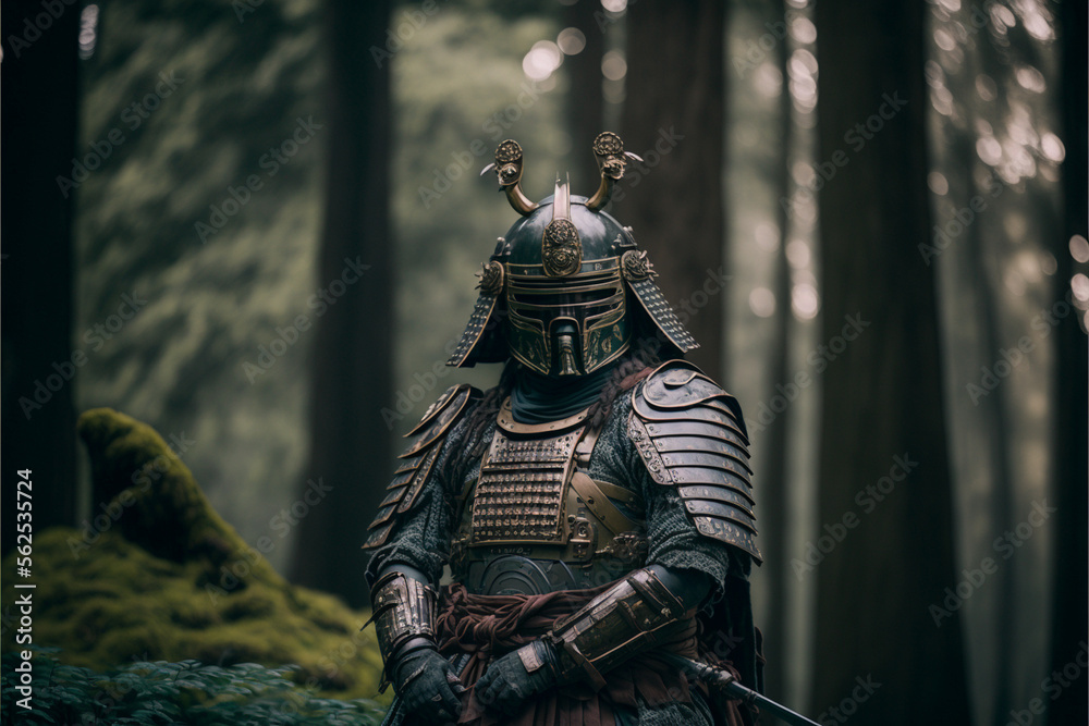 Samurai in armor in the forest, Japanese warrior, ai generated art
