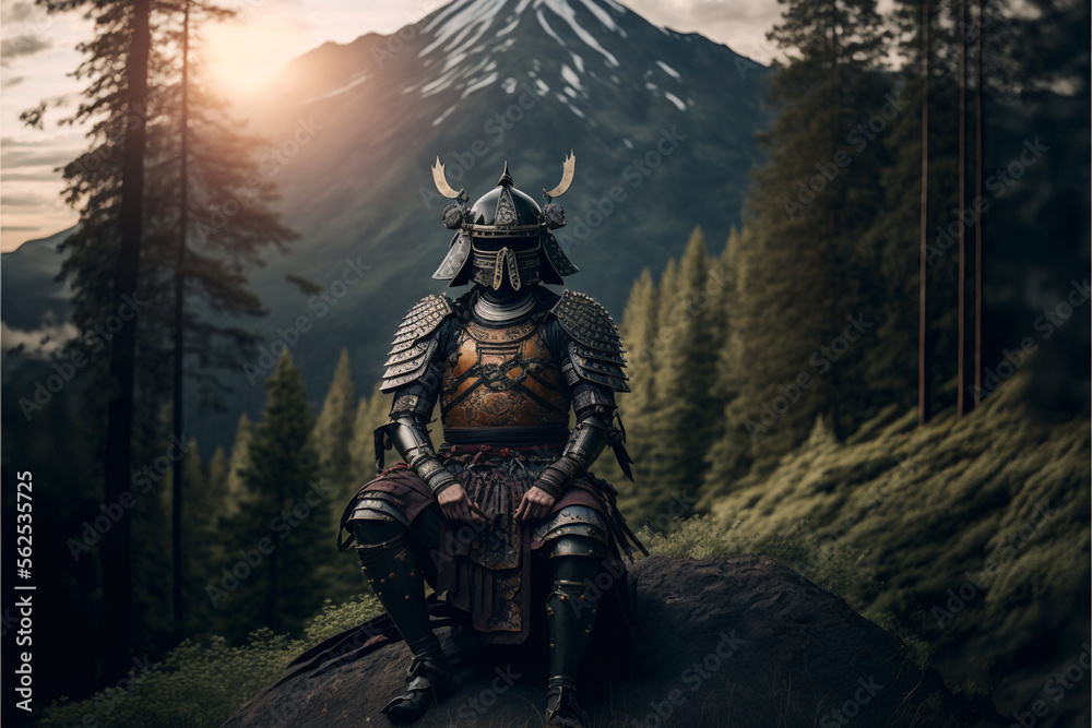Ilustracja Stock Samurai in armor in the forest against the backdrop