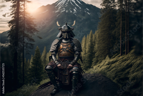 Samurai in armor in the forest against the backdrop of mountains, Japanese medieval warrior, AI generated art