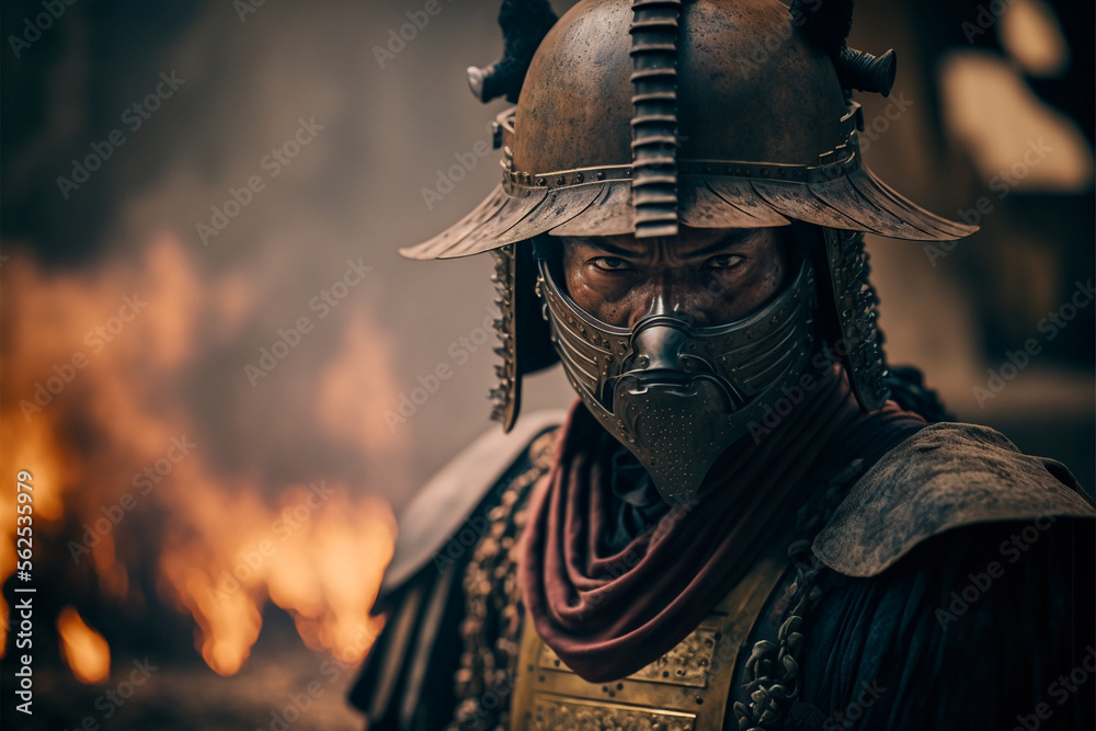 portrait of focused samurai in armor and mask against burning ruined city, warrior portrait after battle, AI generated cinematic art portrait of focused samurai in armor and mask against burning ruined city, warrior portrait after battle, AI generated cinematic art