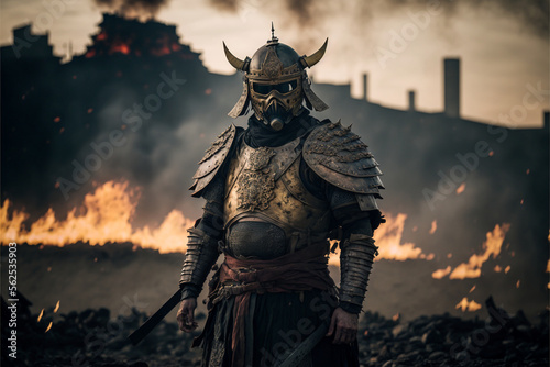 Samurai in armor against the background of a burning ruined city, a portrait of a warrior after the battle, AI-generated cinematic art