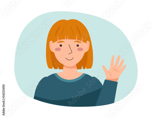 Portrait of a girl. Avatar of a woman waving her hand. Flat style. 