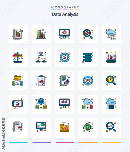 Creative Data Analysis 25 Line FIlled icon pack Such As cloud coding. report. develop. monitoring. business
