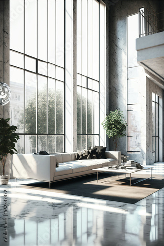 Minimalist white loft interior. Huge windows with sunlight. Designed using generative ai. © XtravaganT