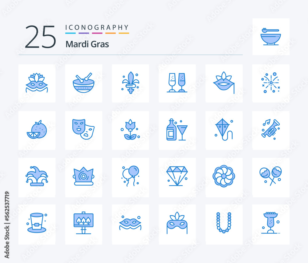 Mardi Gras 25 Blue Color icon pack including plant. lips. sword. toasting. champagne glasses