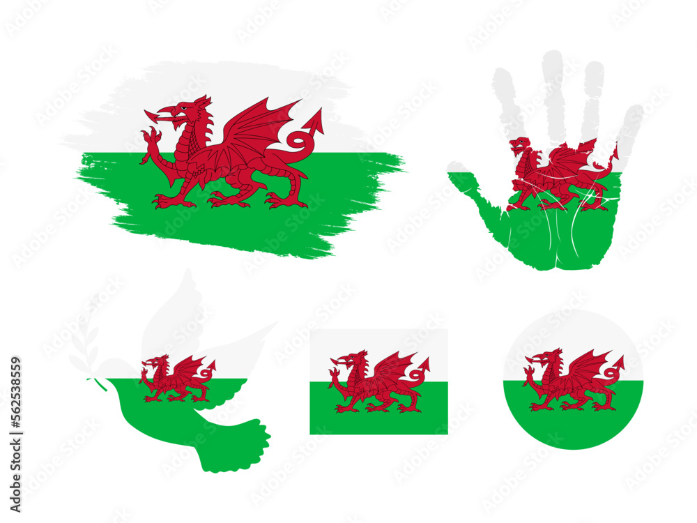 Wales flag set, flag of Wales collection. Flag in grunge, Dove, Handprint, square and round shape. vector illustration Wales flag set, flag of Wales collection. Flag in grunge, Dove, Handprint, square and round shape. vector illustration
